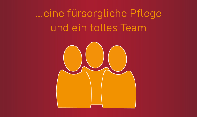 Grafik Menschen und Text "...eine fürsorgliche Pflege und ein tolles Team"